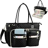 SIYNPAV Teacher Tote Bag with 15.6 inch Laptop Compartment, Large Work Tote Bag with Insulated Pocket, Quilted Nylon Teacher Utility Bag with Shoulder Strap for Office Supplies Organizer Women (Black)