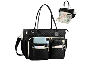 SIYNPAV Teacher Tote Bag with 15.6 inch Laptop Compartment, Large Work Tote Bag with Insulated Pocket, Quilted Nylon Teacher Utility Bag with Shoulder Strap for Office Supplies Organizer Women (Black)