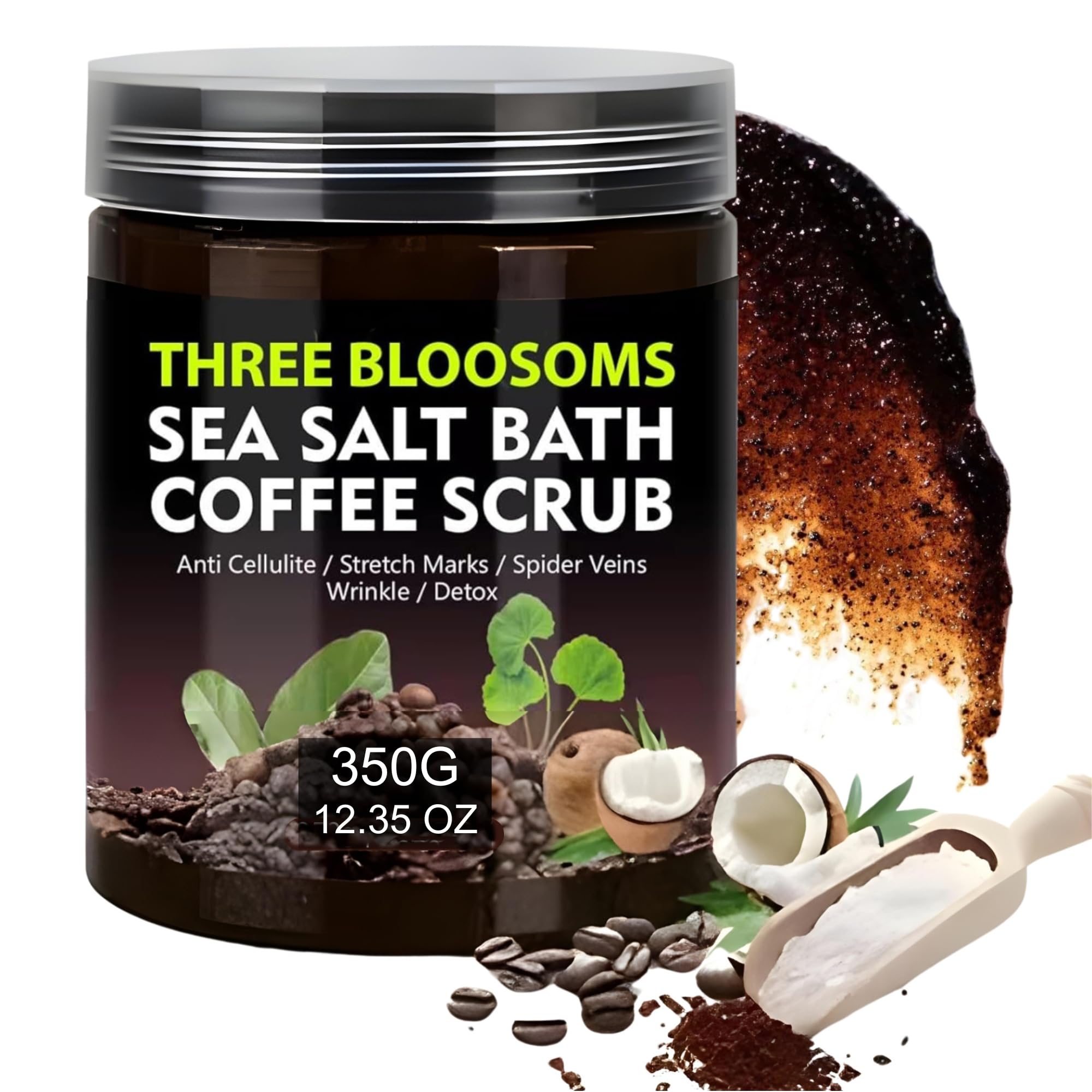 Coffee Scrub Body Exfoliator, 350g Anti Cellulite, Anti aging, Fights Stretch Marks, Wrinkles, Spider Vein Therapy for Men and Women, with Coffe-Seeds Sea Salt Coconut Oil (350g, Coffee Scrub)
