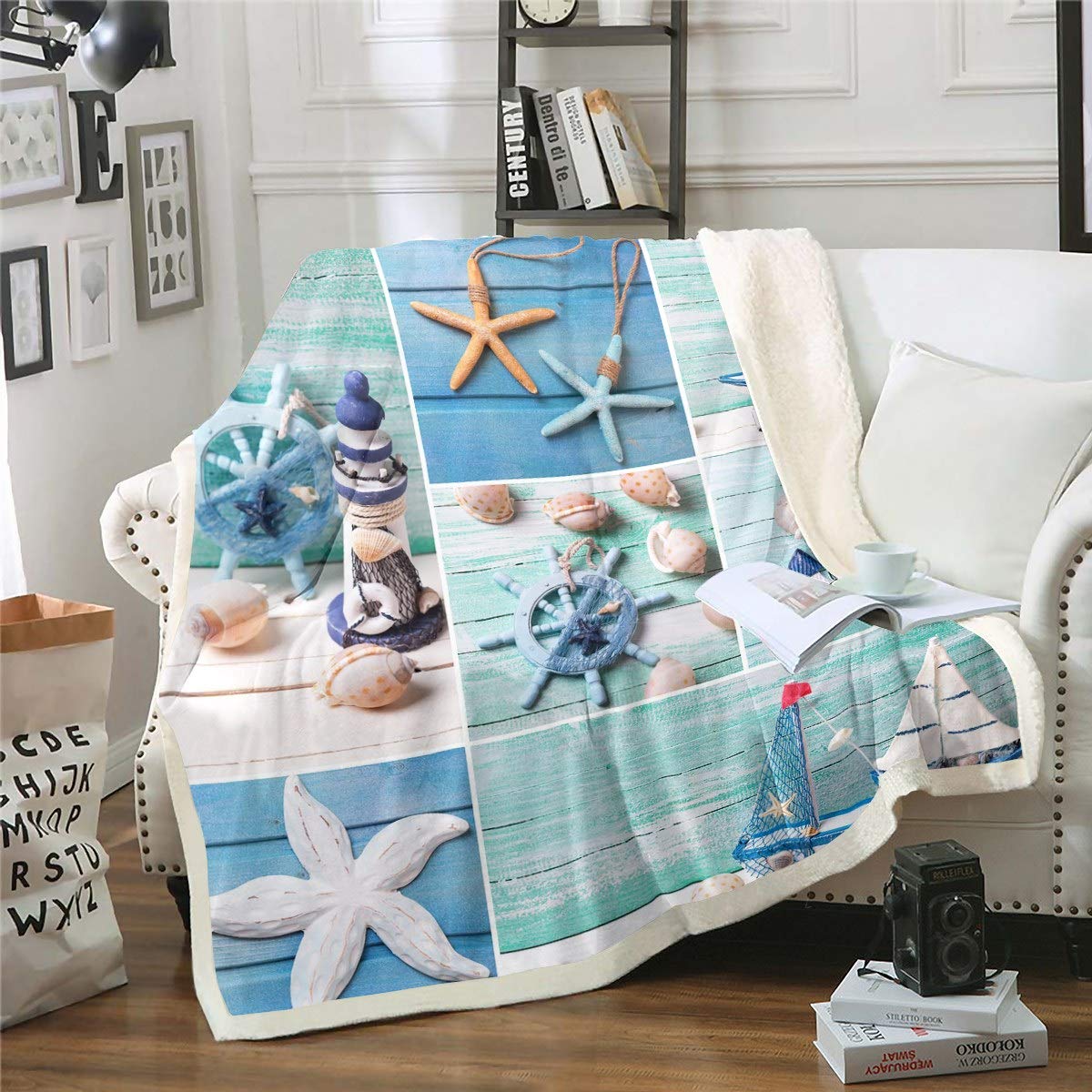 Loussiesd Nautical Theme Fleece Sherpa Blanket - Sailboat Starfish Plush Throw for Chair, Sofa, Couch - Anchor Ocean Themed - Blue Bedroom Decor - Fuzzy - Double - 60"x79"