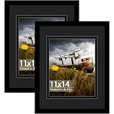 QOTIB 11x14 Double Floating Mat Wood Picture Frame, Display 8x10 with Double Black Mat, 8 x 10 Matted Frame with Shatter Resistant Plexiglass, 2 Pack, Black