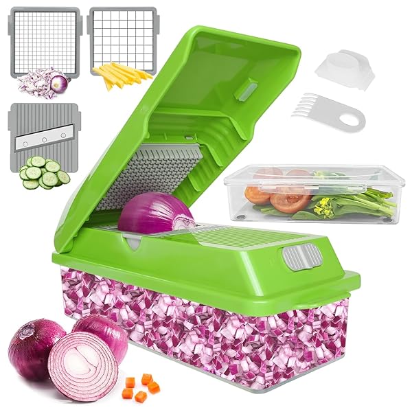 LHS PROFESSIONAL MULTIFUNCTIONAL VEGETABLE CHOPPER PRO FOOD CHOPPER WITH FOOD STORAGE CONTAINERS, MANDOLINE SLICER ONION DICER FRUIT CUTTER, KITCHEN GADGETS AND HOME ESSENTIALS(5 IN 1, GREEN)