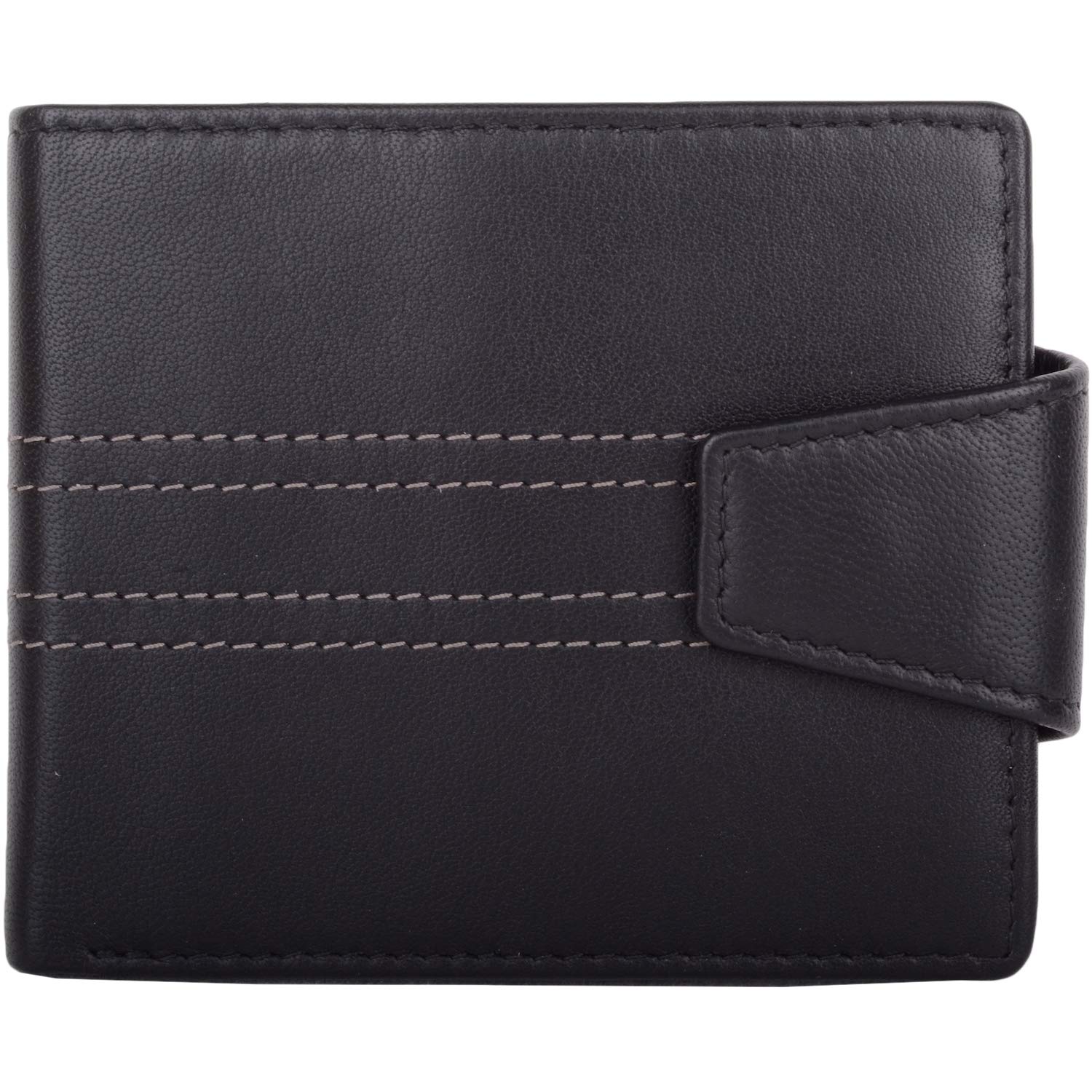 Mens Soft Leather Bi-Fold RFID Protected Money/Credit Card Wallet with Stitching Detail - Black/Taupe