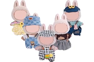 MINGMC 17cm Doll Clothes 5 Sets, Hat & Overalls Dress Up Outfit Compatible for Labubu 17cm 15cm Accessories, No Doll Included