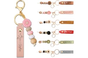 UIDMEN Personalized Birth Flower PU Leather Keychain, Custom Name Keyring, Daisy Beaded Keychain for Women, Bridesmaid Gifts,