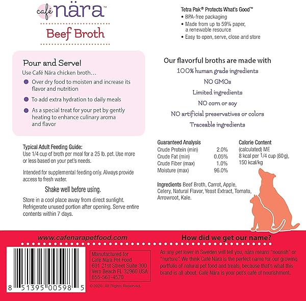 CAFÉ NARA GRAIN-FREE BEEF BONE BROTH WET FOOD TOPPER FOR DOGS & CATS – 100% NATURAL, HEALTHY HYDRATION – 1.1 LBS (PACK OF 12)