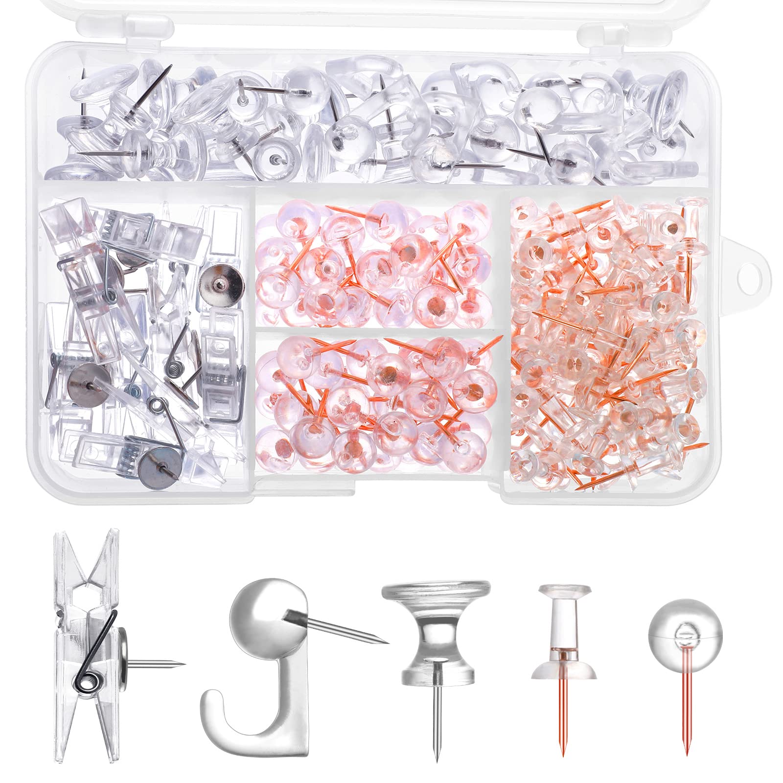 200 Pieces Push Pins Set, 5 Types Clear Thumb Tacks
