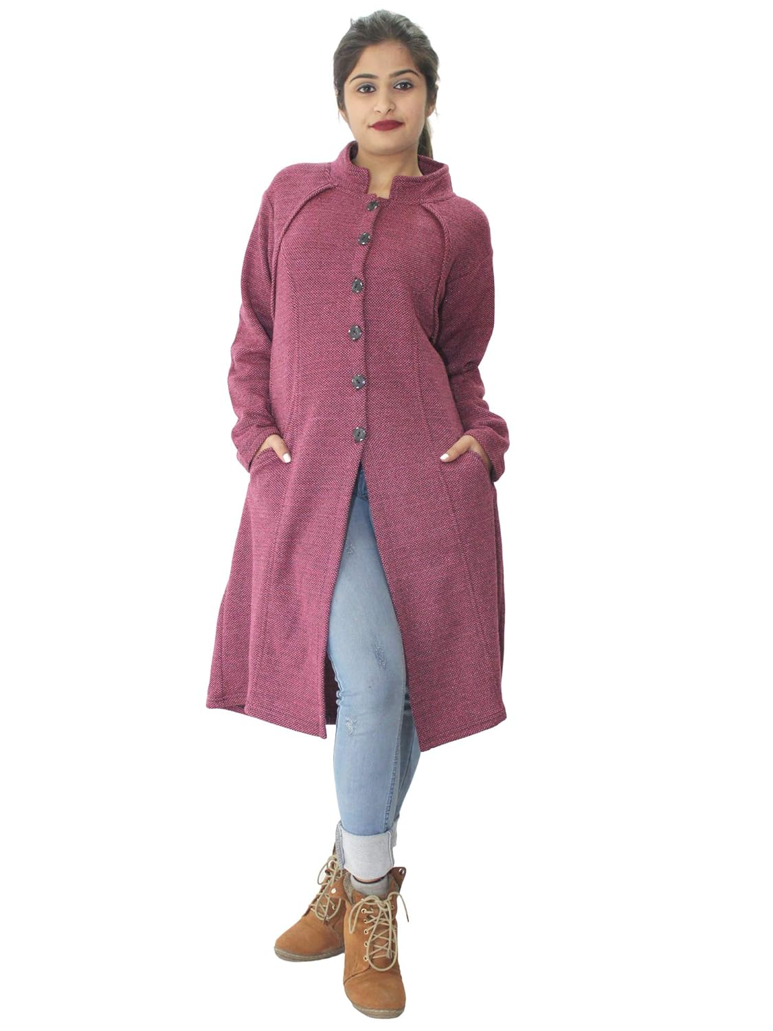matelco women's woollen brown button long coat with pockets