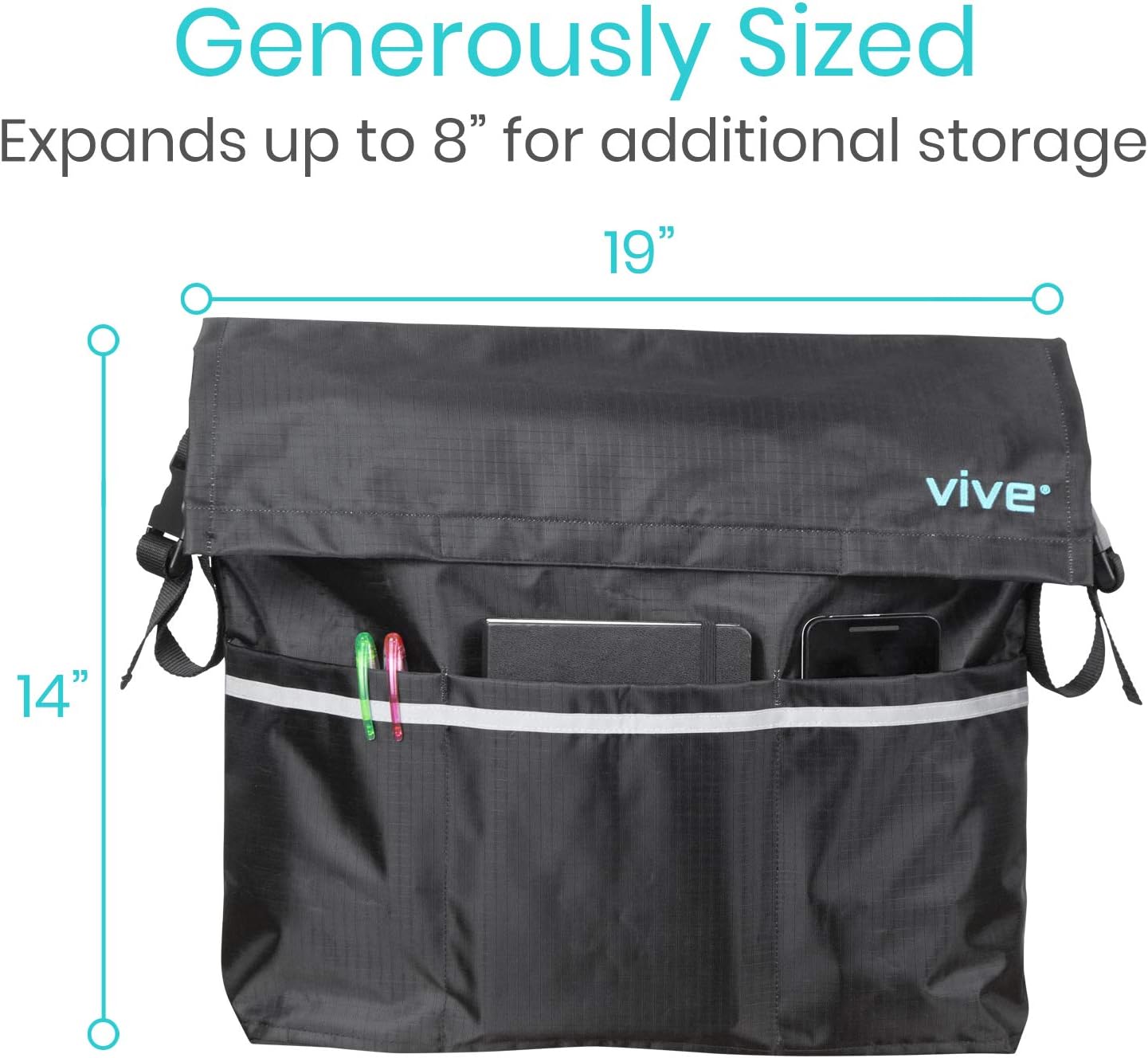Vive Wheelchair Bag - Wheel Chair Storage Tote Accessory for Carrying Loose Items and Accessories - Travel Messenger Backpack for Men, Women, Handicap, Elderly - Accessible Pouch and Pockets, Black: Health & Personal Care