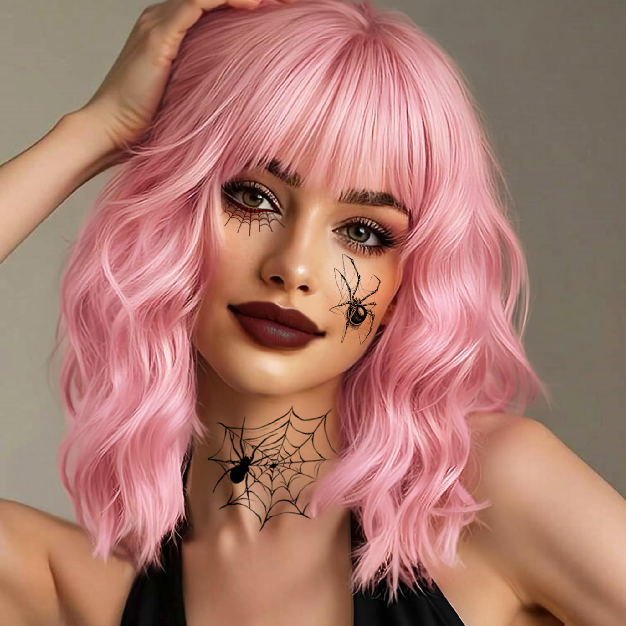 Photo 1 of Miuric Light Pink Wig for Women Short Pastel Wavy Wigs Curly Bob Wigs with Bangs Shoulder Length Colorful Synthetic Wigs for Cosplay Costume Party Daily Use(14 Inches)