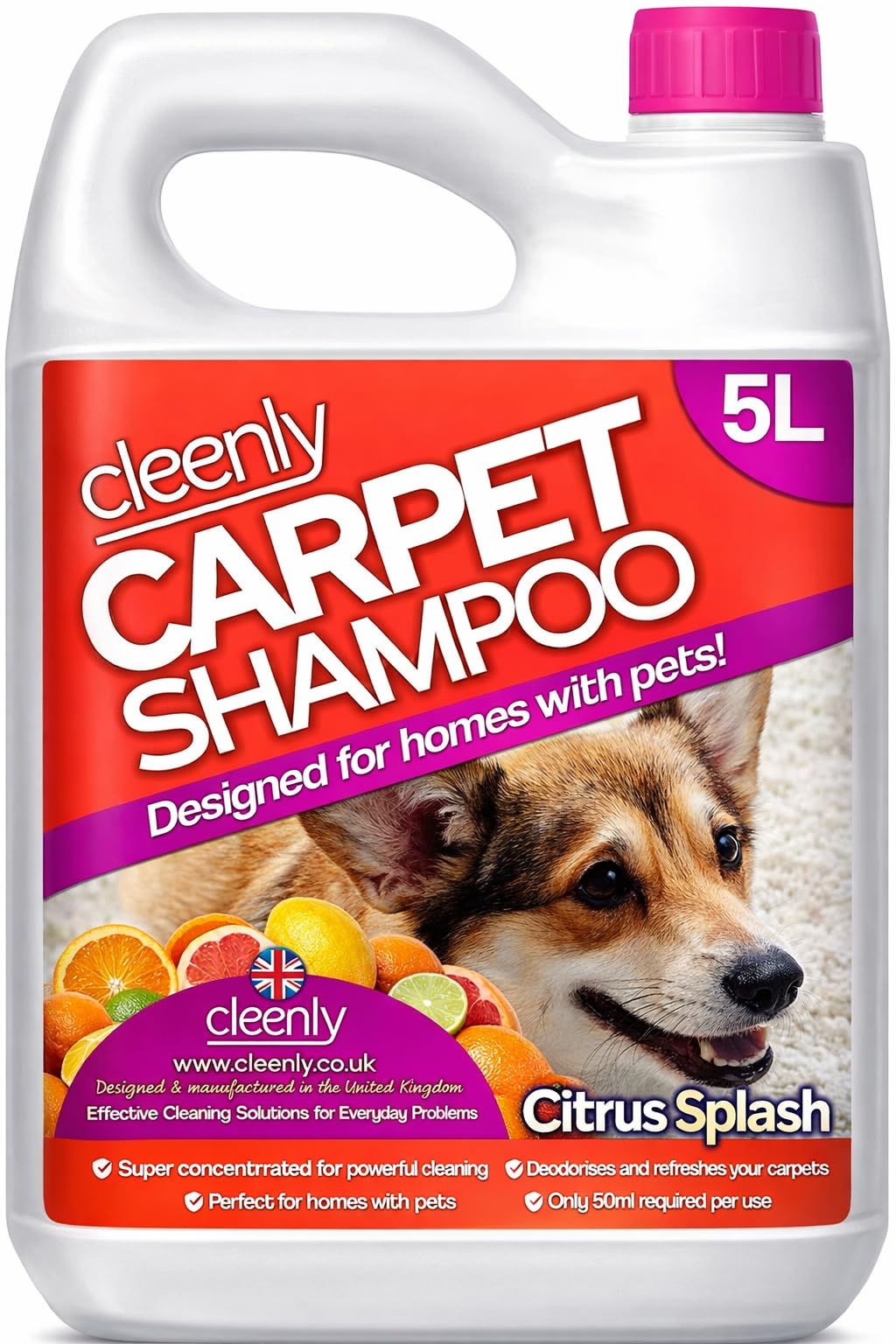Cleenly Pet Carpet Shampoo Cleaner Solution 5L - Citrus Splash Fragrance - Safe for All Carpet Cleaning Machines, Effectively Removes Dog, Cat, Pet Odours, Urine/Wee Smells,