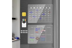 REBELLA Acrylic Magnetic Calendar for Fridge, 2 Set of Clear Dry Erase Board of Monthly and Weekly Calendar for Refrigerator Reusable Planner Board, Includes 6 Dry Erase Markers with 6 Colors(16"x12")