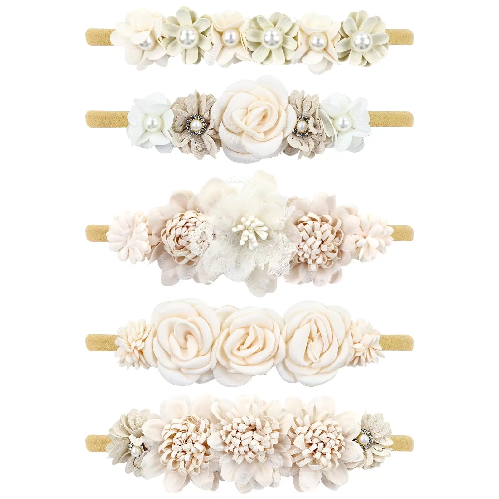 Cinaci 5 Pieces Super Stretchy Soft Baby Girl Nylon Flower Headbands Baptism Christening Floral Tiaras Crowns Hairbands Hair Accessories for Newborns Infants Toddlers Girls Kids