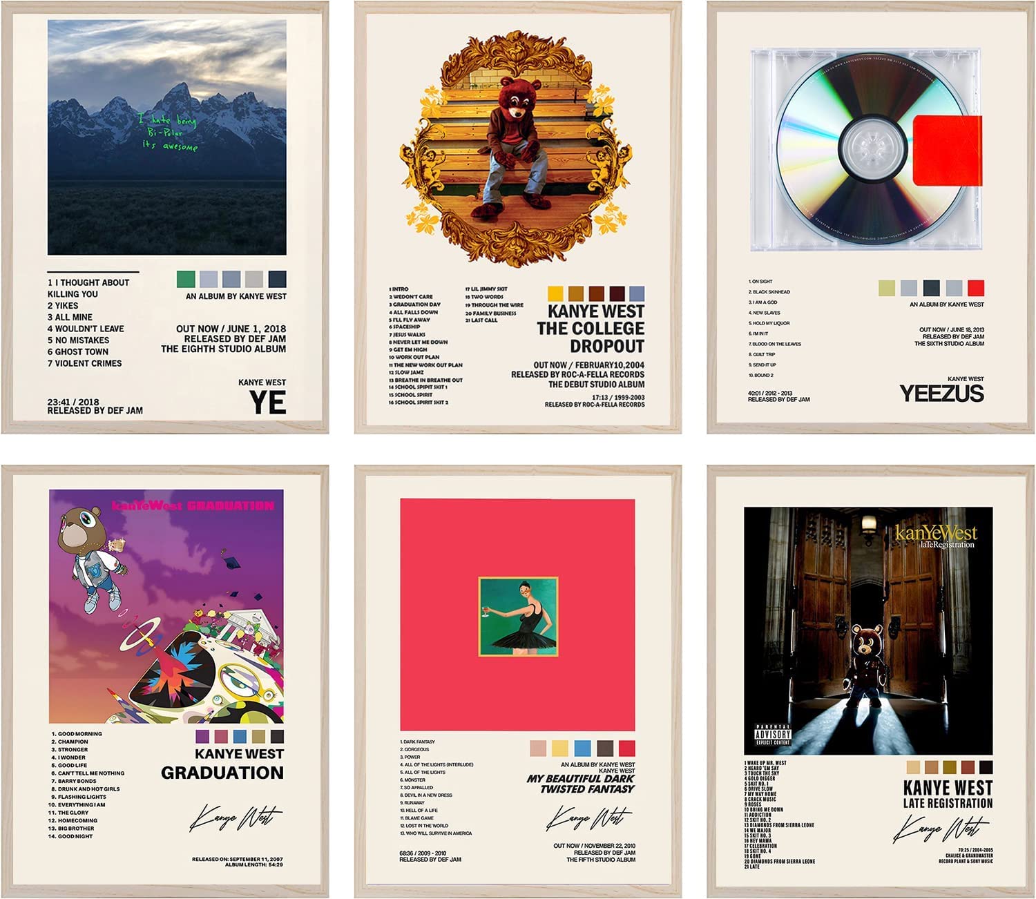 GLRSSN Kanye West Album Cover Signed Limited Posters Print Rapper Music Posters Canvas Wall Art Room Aesthetic Set of 6 for Teen and Girls Dorm Décor, 20cmx25cm (8inchx10inch)