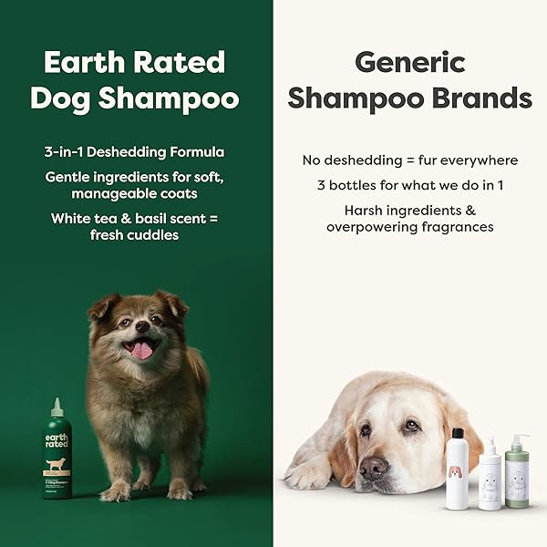 EARTH RATED 3-IN-1 DESHEDDING DOG SHAMPOO AND CONDITIONER, DEODORIZING OATMEAL SHAMPOOS FOR DOGS AND PUPPIES, GREAT FOR SMELLY PETS, WHITE TEA AND BASIL SCENT, 16 OZ