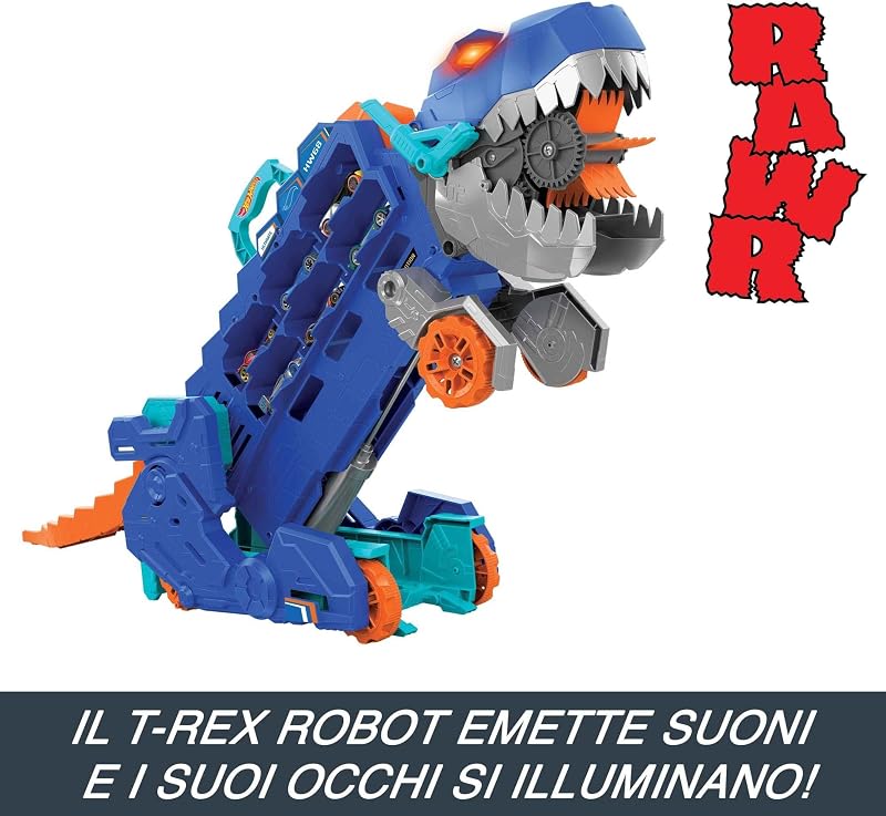​Hot Wheels City 'Let's Race' Netflix - Mega Dino Trasportatore, pista da corsa che si trasforma in un T-Rex, playset con luci e suoni, box per riporre 20 macchinine in scala 1:64, 4+ anni, HNG50