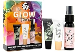 W7 Mini Glow Heroes Gift Set - Travel Size Makeup Minis with Primer, Glow Drops & Setting Spray - Stocking Stuffer