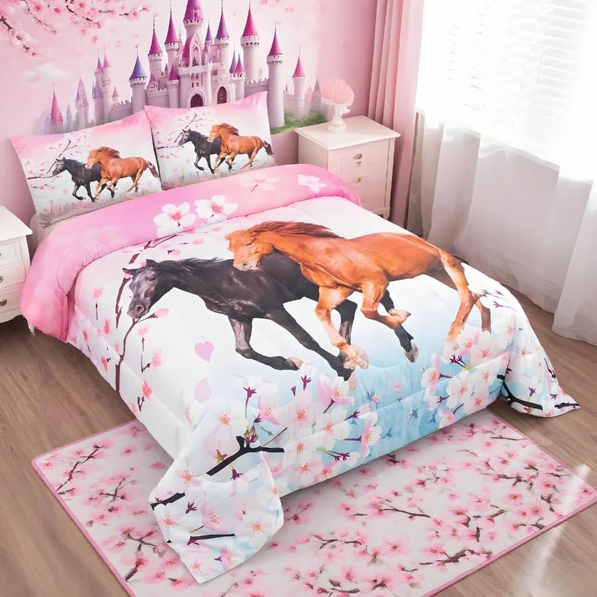 Loussiesd Kids Horse Bedding Set Chic Cherry Blossom Bedding Duvet for Girls Teens Galloping Horse Printed Comforter 3D Wild Animal Duvet Set Bedroom Decor Quilt Set Single Size