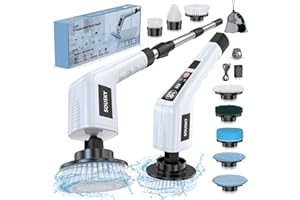 SOUSKY Electric Spin Scrubber, Power Shower Scrubber with Extension Handle for Cleaning, 420RPM/Mins-8 Replaceable Brush Heads-140Mins Long Work Time, 3 Adjustable Size, 3 Speeds for Bathroom Tub Tile Floor