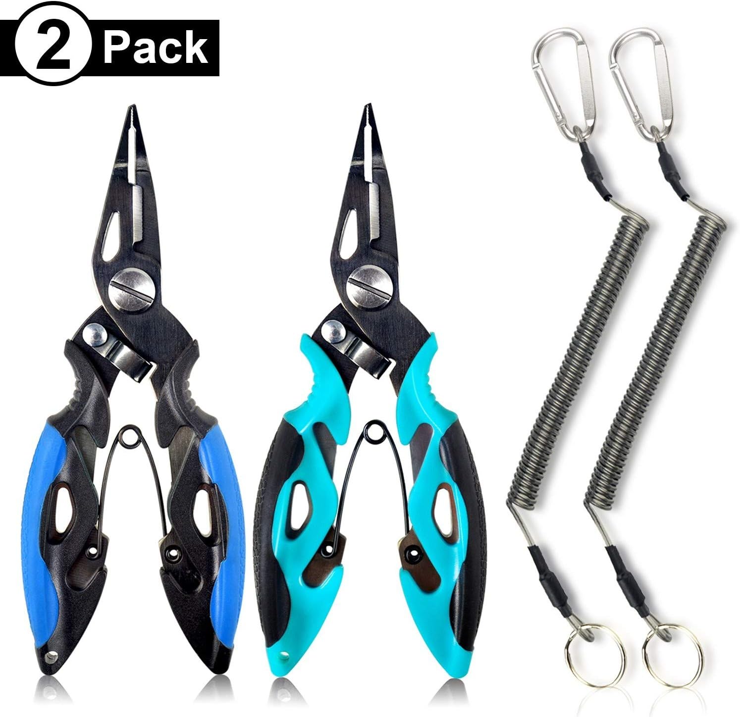 BXIO Stainless Steel Fishing Pliers with Fishing Lanyard and Sheath, Hook Removers, Braided Line Cutters, Split Ring, Saltwater Fishing Pliers, Corrosion Resistant Titanium Coating. 2 Packs
