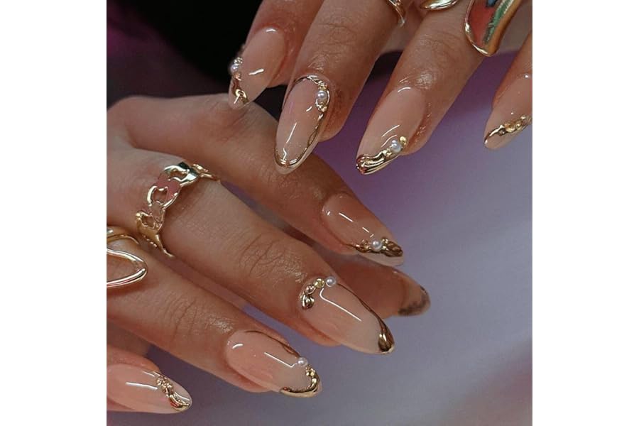 Press on Nails Almond – French Tip Fake Nails with Gold Line Design – Medium Fasle Nails Press ons – for Women 24 Pcs