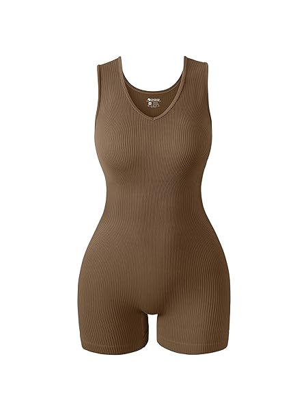 OQQ WOMEN ROMPERS RIBBED V NECK SLEEVELESS STRETCH TUMMY CONTROL YOGA WORKOUT ROMPERS COFFEE, MEDIUM