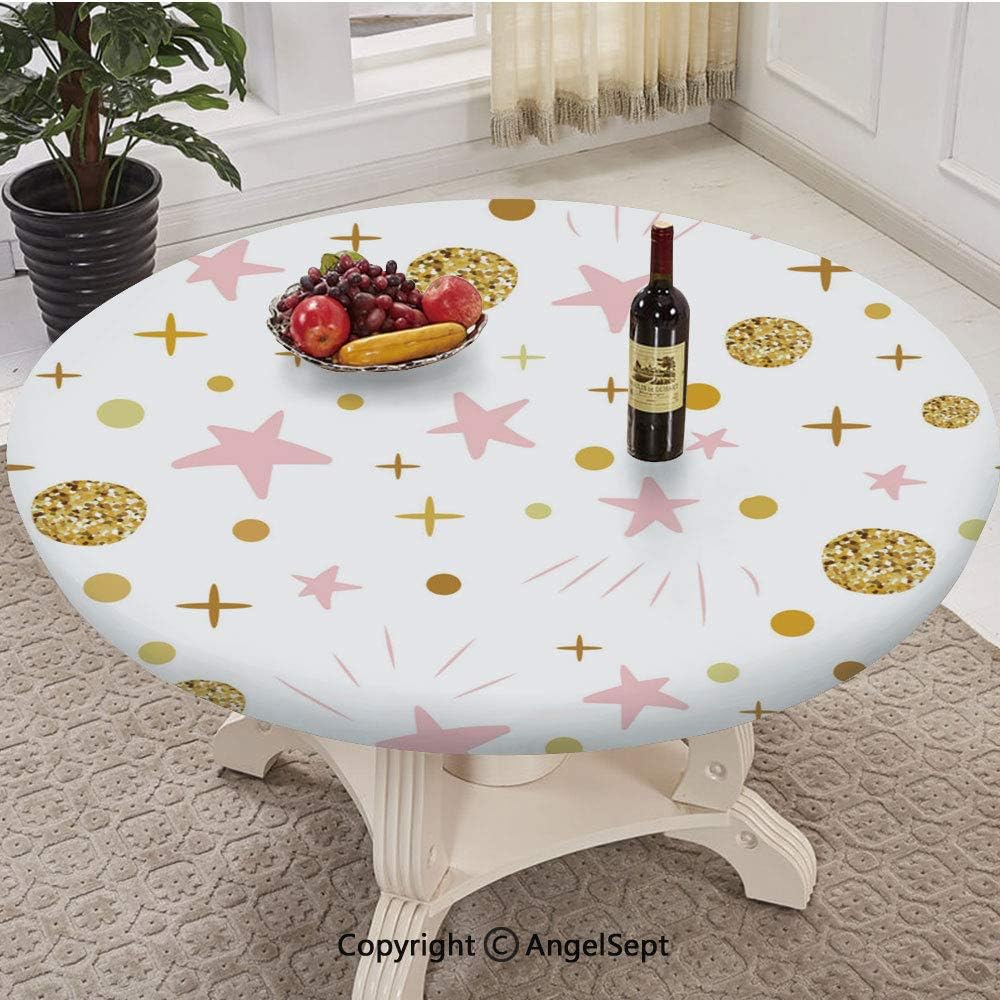 Elastic Edged Round Table Cloth,Hand Drawn decoreted Gold Balls Pink Stars for Christmas backgound or Baby Shower,Fits 45"-56" Diameter Tables,Table Cover Polyester Tablecloth