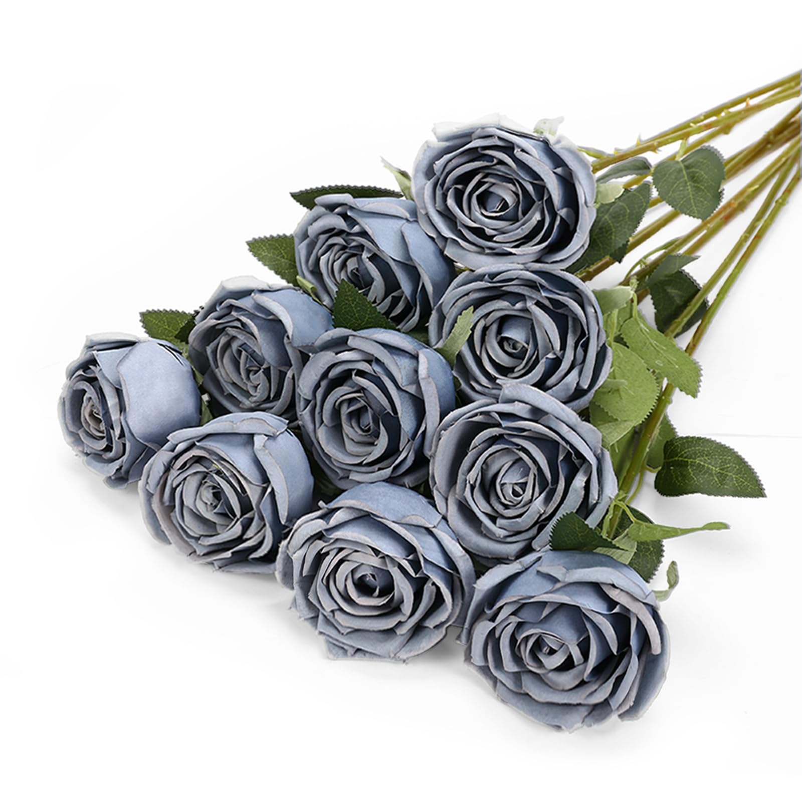DuHouse 10pcs Fake Roses Artificial Silk Flowers Flower Long Stems Bouquet for Arrangement Wedding Centerpiece Party Home Kitchen Decor(Dusty Blue)