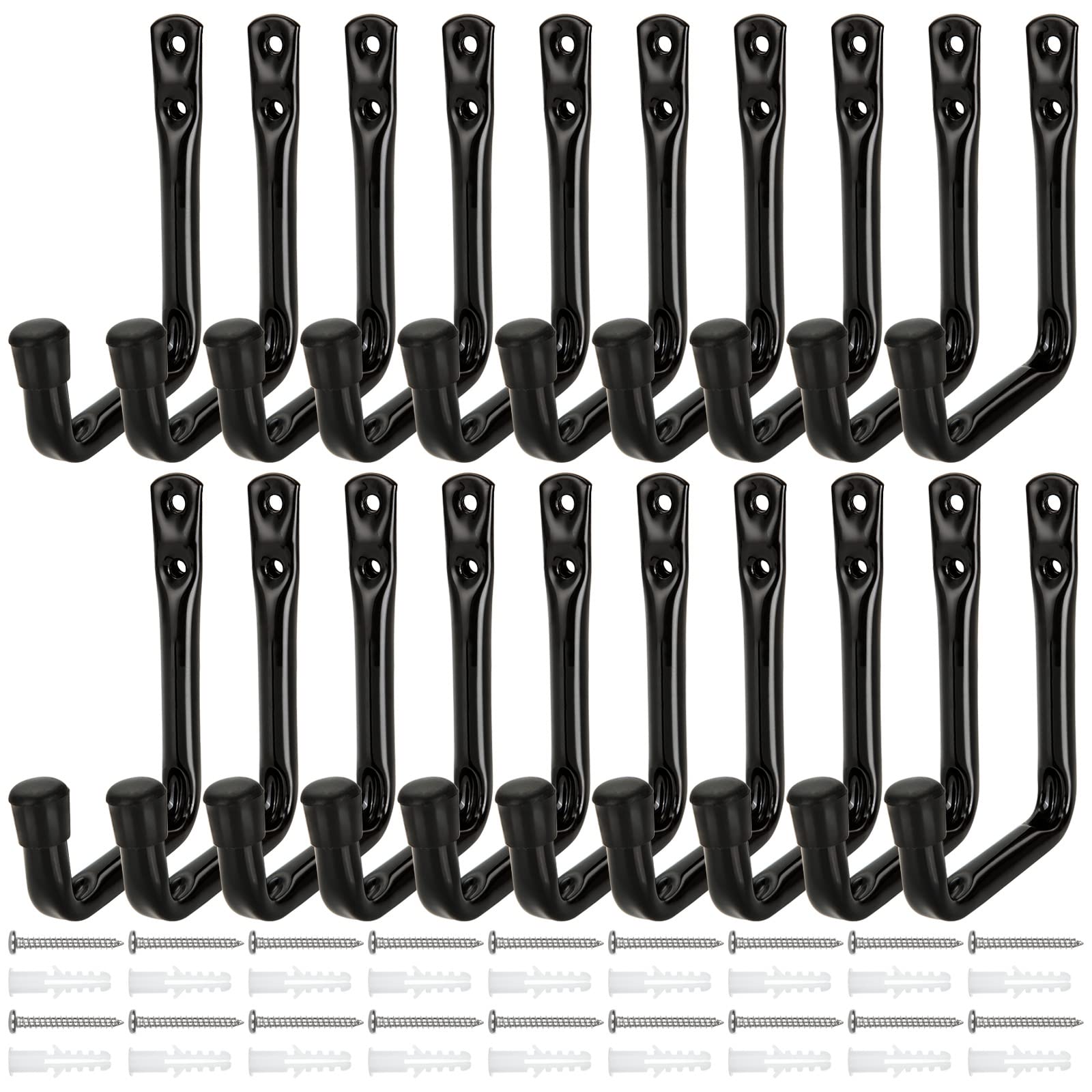 AKOLAFE 20PCS Garage Wall Hooks - Heavy Duty Black Tool Hooks with Screws for Garage Wall, Shed, Bike, Garden Tools (12 x 9cm)