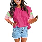 miduo Womens Casual Loose Fit Color Block Stitching Short Sleeve Crew Neck Top T Shirts