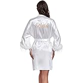 Women's Satin Kimono Robes Feather Trim Bride Robe Silky Wedding Getting Redy Sleepwear Bridal Dressing Gown