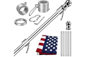 JETLIFEE American Flag Pole Kit Made in USA,Including All 6FT 5 Section Flag Pole,3x5 FT Embroidered Stars American Flag,2 Position Flag Pole Holder And 2 Pcs 360°Rotating Anti Wrap Flag Mounting Rings(Silver)