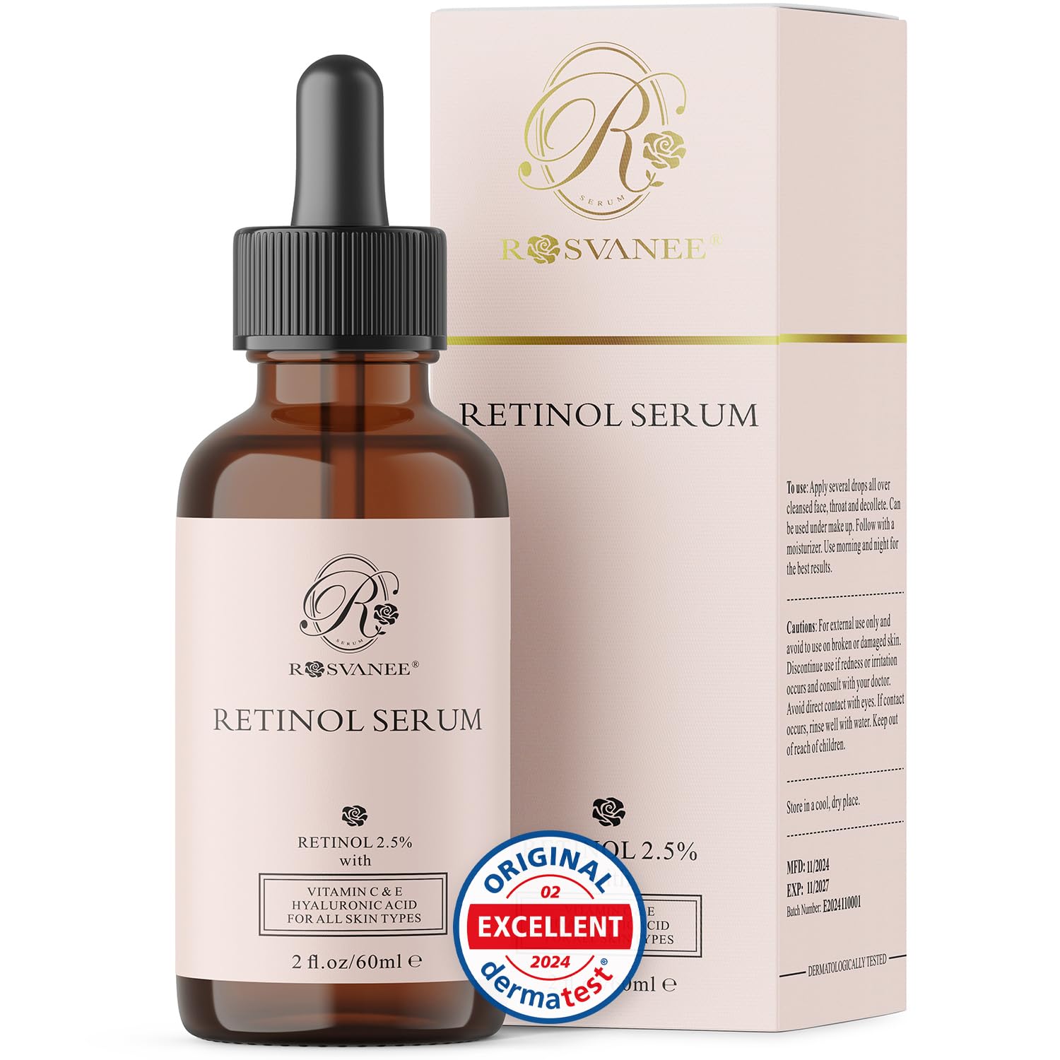 ROSVANEE Dermatologist Tested Retinol Serum for Face Big 2 oz, with 2.5% Retinol, Hyaluronic Acid, Vitamin C & E, Anti Aging Facial Serum for Skin Repair, Acne, Scar, Dark Spot, Fine Line and Wrinkles