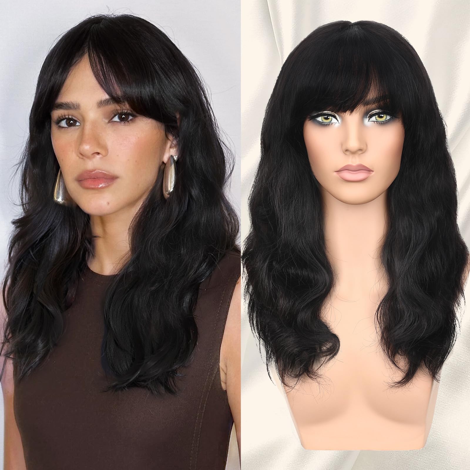 Photo 1 of FAVE 16 Inches Human Hair Wig with Bangs Natural Wave Wigs Human Hair 1 * 3 HD Lace Top Black Wig with Bangs for Women,100% Real Human Hair Wigs Curtain Bangs Wig Human Hair (1B)