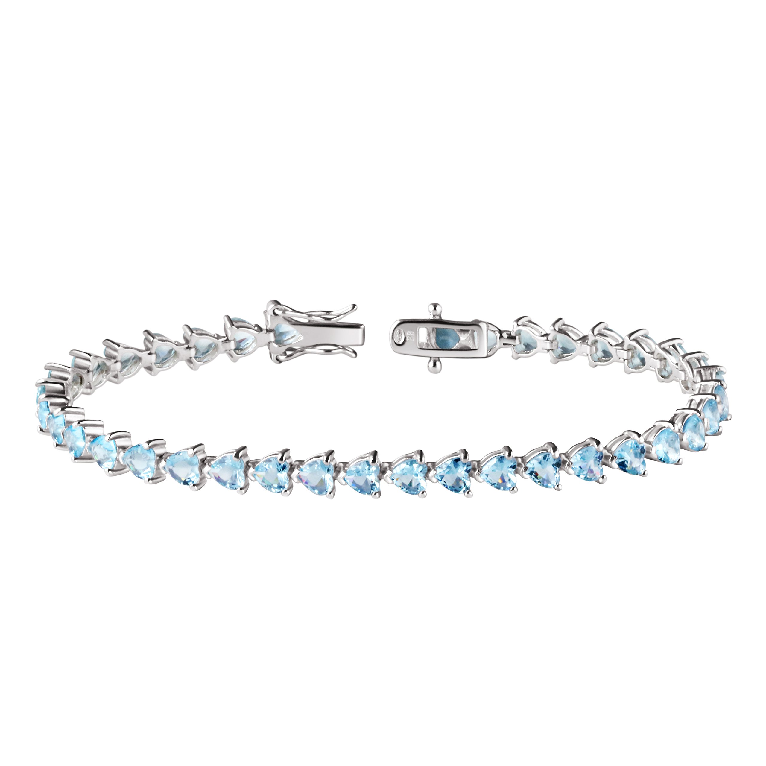 Franki Baker Facetted Heart Shaped Aquamarine Crystal Sterling Silver Tennis Bracelet. Length 19cms