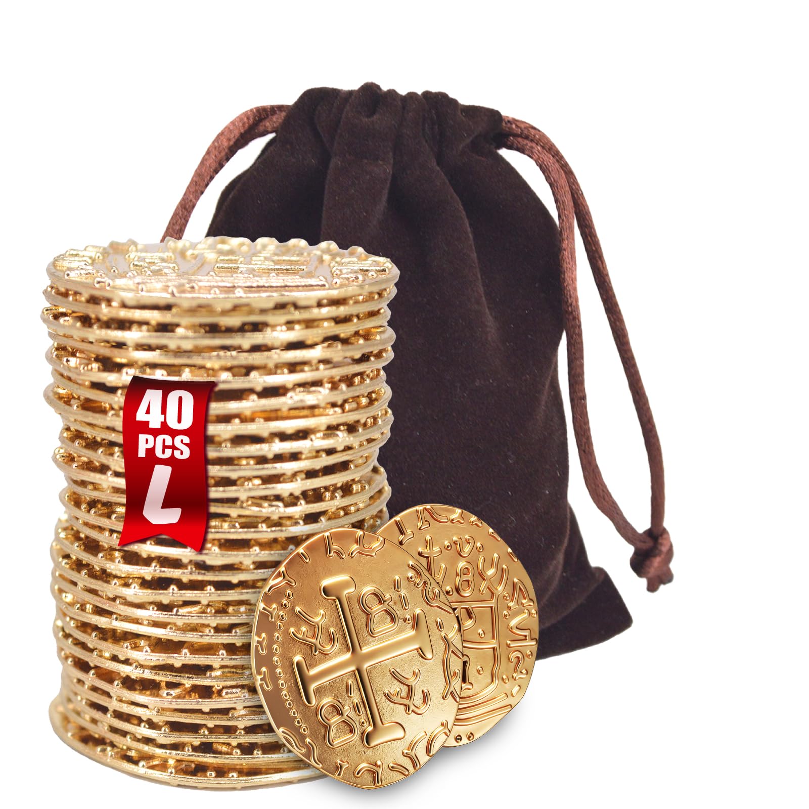 Large Metal Pirate Coins Gold Treasure Coin Set, Metal Replica Spanish Doubloons for Board Games, Tokens, Toys, Cosplay – Realistic Money Imitation for Treasure Chest -Large Size 1.18" (Gold 40 PCS)