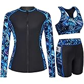 Daci Women 3 Piece Rash Guard - 3PC Long Sleeve Zip up Swim Shirt Sports Bra Modest Swimsuit with Shorts