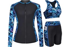 Daci Women 3 Piece Rash Guard - 3PC Long Sleeve Zip up Swim Shirt Sports Bra Modest Swimsuit with Shorts