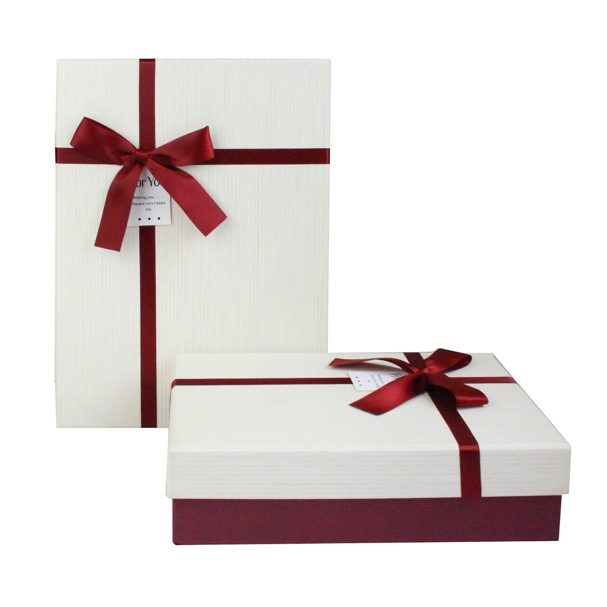 Emartbuy Set of 2 Rigid Luxury Rectangle Shaped Presentation Gift Box, 24.5 cm * 17 cm * 6.5 cm, Textured Burgundy Box with Cream Lid, Chocolate Brown Interior and Satin Decorative Ribbon