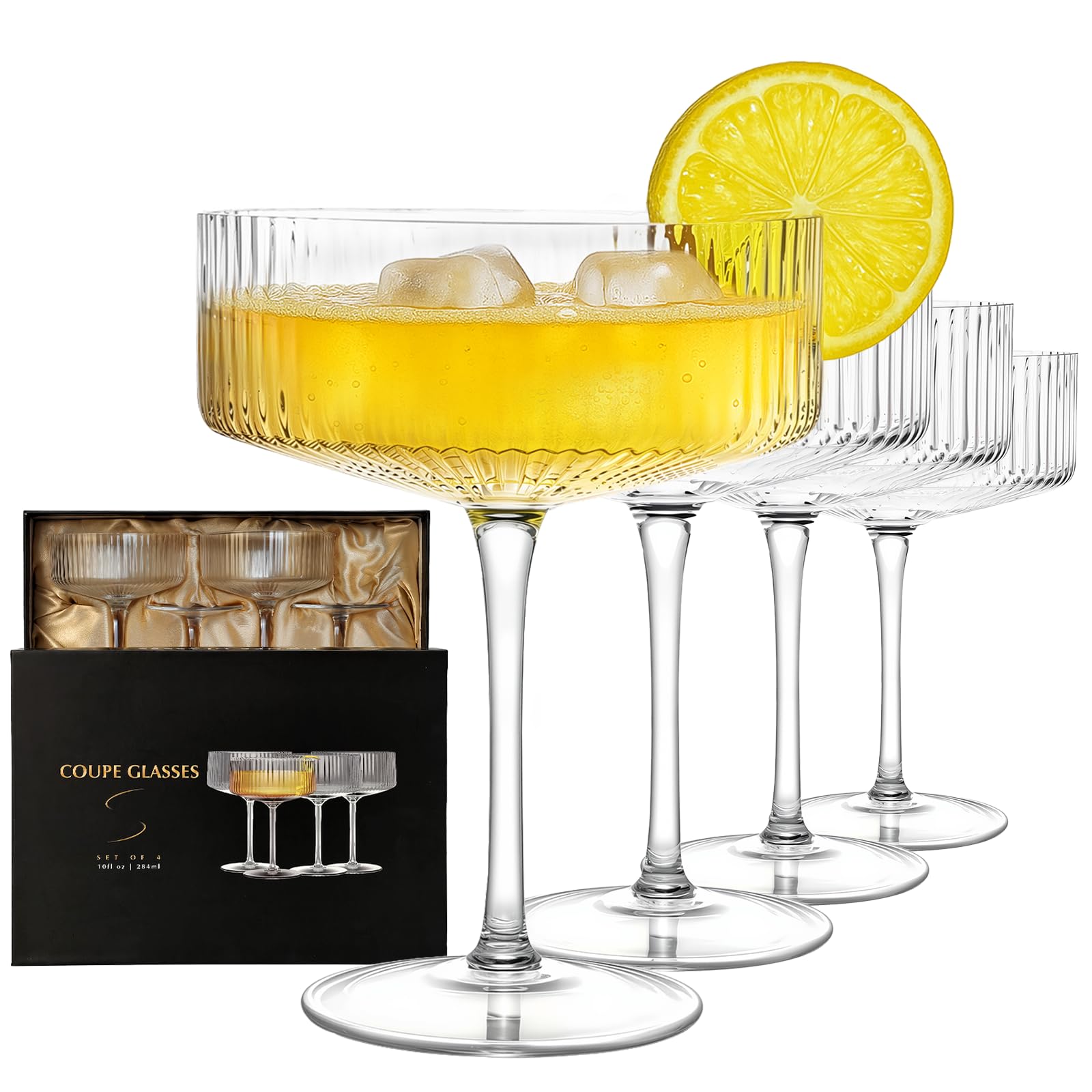 Photo 1 of 4 Pcs Coupe Glasses, Hand Blown 10 oz Cocktail Glasses, Ribbed Glasses, Gift Boxed Drinking Glass Set, Pefect Gift for Christmas, Espresso Martini, Manhattan, Wine, Champagne Martini Glasses Set of 4