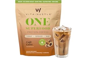 VitaHustle ONE Protein Coffee - Superfood Meal Replacement Powder, Plant Based Protein Shake Powder, Vegan. Superfoods, Vitamins, Ashwagandha, Functional Mushroom Blend (Cafe Latte) 15 Servings
