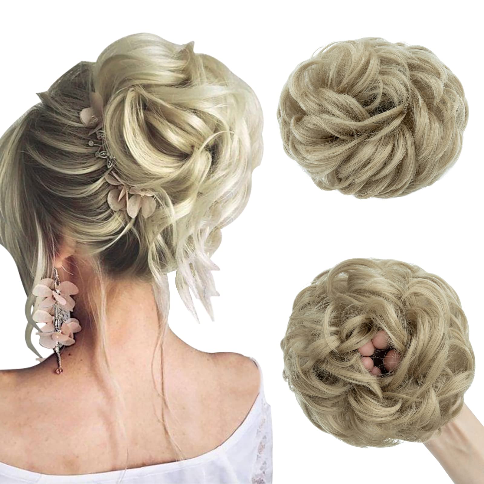Curly synthetic hair bun with messy strokes, elastic hair piece in bleaching blonde, ideal for a natural, casual look, ash blonde