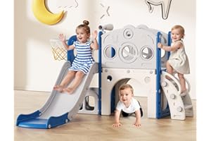 Babytronic Toddler Slide, 8 in 1 Kids Slide with Basketball Hoop, Telescope and Climber, Baby Slide Toddler Playground, Indoor Outdoor Playset for Toddlers Age 1-3, Kids Indoor Playground (Blue&Gray)