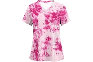 EWASWON Breast Cancer T Shirts for Women Short Sleeve V Neck Scrub Tops Cancer Fight Awareness Tshirt Inspirational Tops