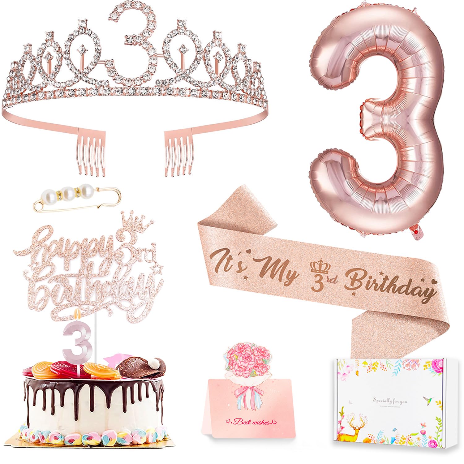Photo 1 of ***FACTORY SEALED***3rd Birthday Decorations for Girls, Including 3 year old Birthday Cake Topper, Queen Sash with Pearl Pin, Sweet Rhinestone Tiara Crown, Number Candles and Balloons Set, Rose Gold