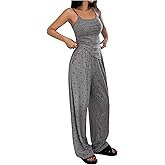 OYOANGLE Women's Cherry Print Pajama Set 2 Piece Lounge Set Ruched Asymmetrical Cami Top and Pants Pjs Sleepwear