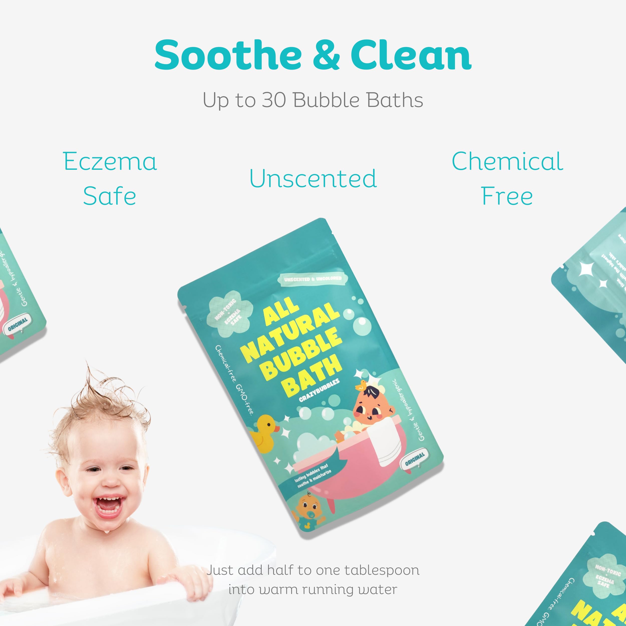 CrazyBubbles All Natural Bubble Bath for Kids & Baby, Hypoallergenic Bubble Bath Kids with Sensitive Skin, Gentle Eczema Safe Baby Essentials, Unscented Powder Mix with Colloidal Oats, Up to 30 Baths