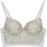 ELLACCI Women's Handmade Rhinestone Diamond Push up Bustier Crop Top Sexy Punk Corset Bra White