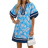 Wenrine Womens Summer Mini Dress Puff Sleeve Casual V Neck Floral Color Block Side Slit Loose Shirt Dresses with Pockets