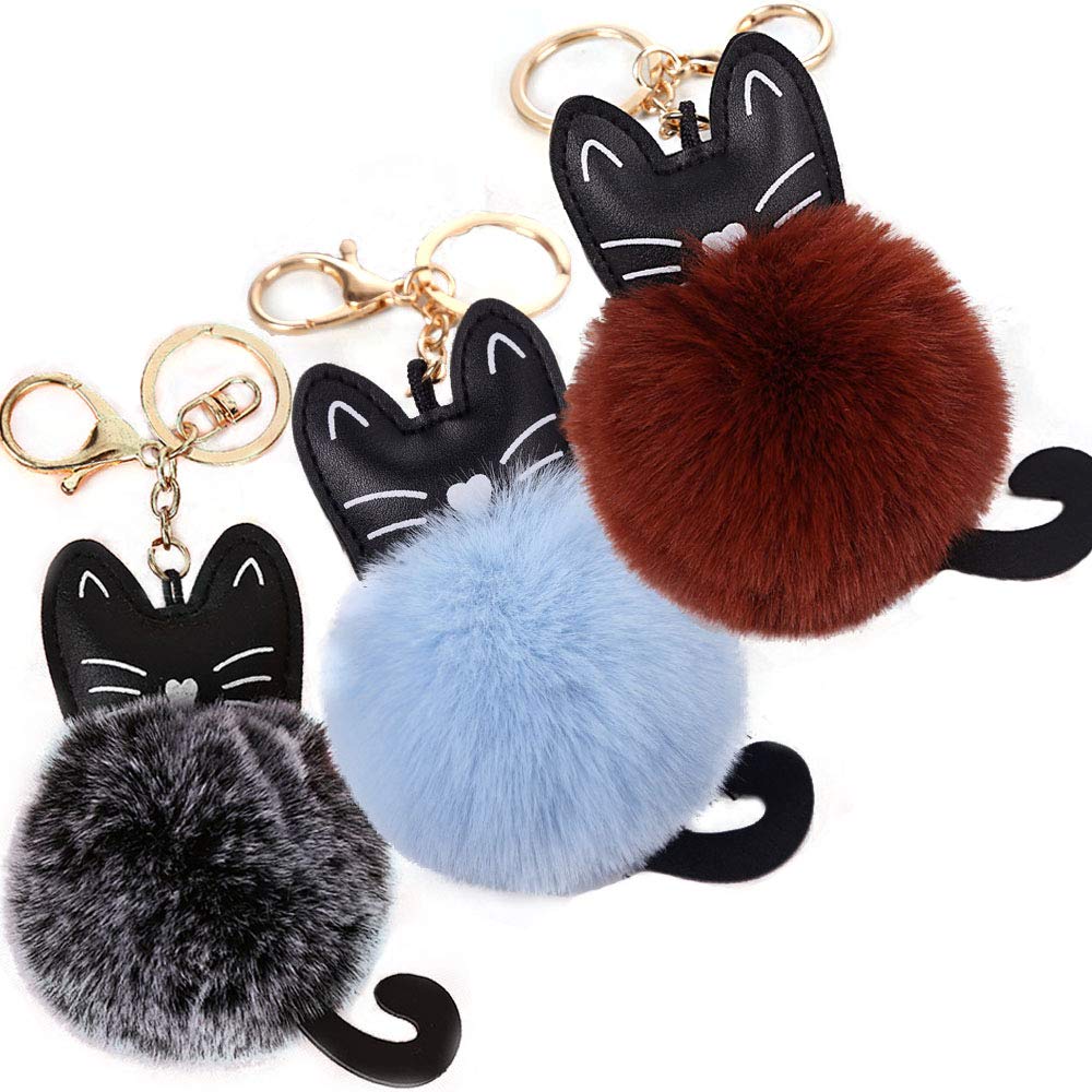 3 Pcs Faux Fur Ball Cat Key Ring Fluffy Key Ring Cat Pom Ball Keychain Cat Pendant for Handbag Backpack Hanging